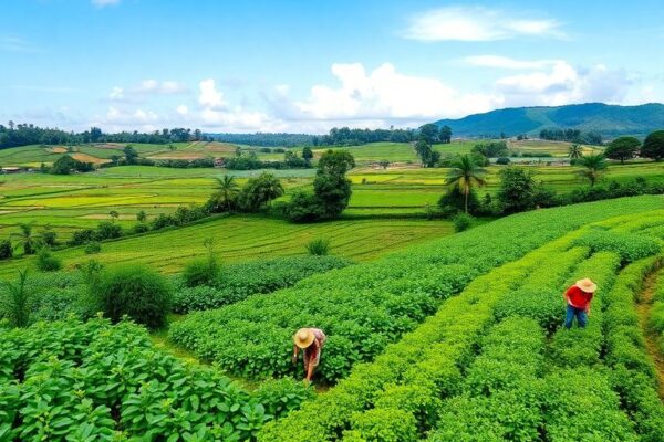 Lanskap pertanian berkelanjutan dengan petani dan tanaman