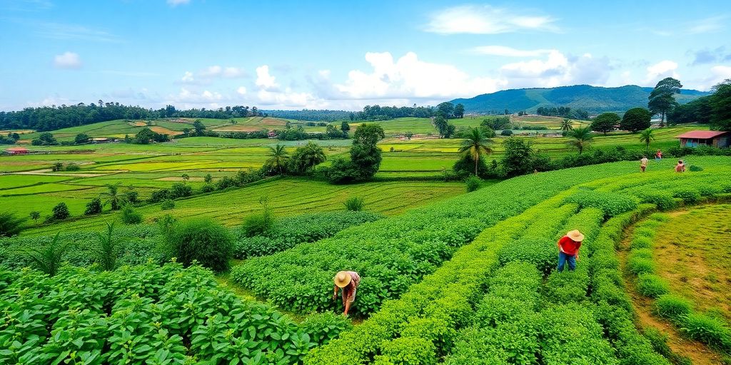 Lanskap pertanian berkelanjutan dengan petani dan tanaman