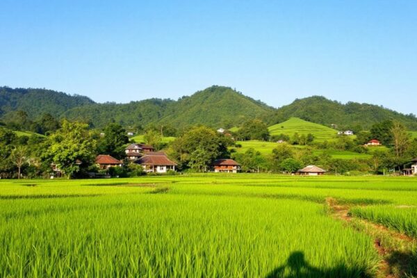 Pemandangan desa dengan rumah tradisional dan alam hijau.