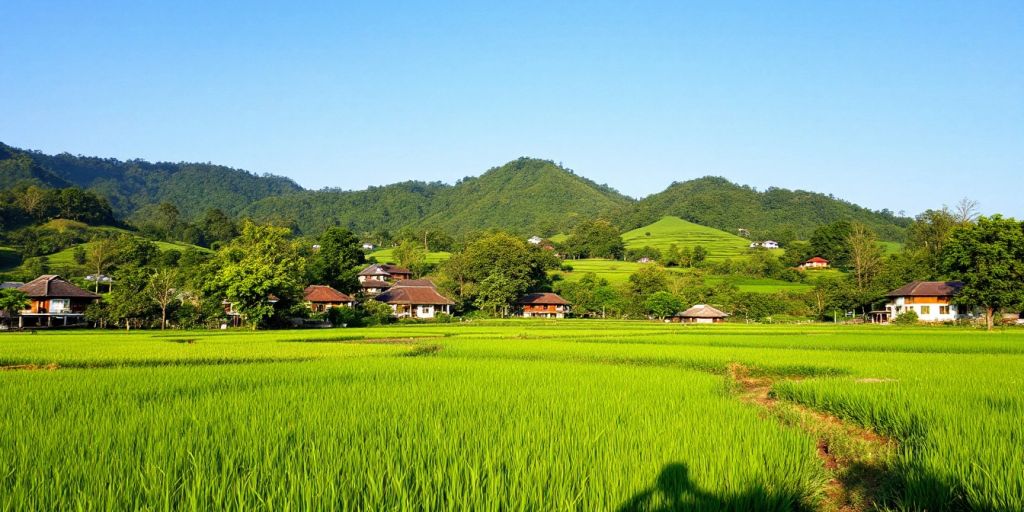 Pemandangan desa dengan rumah tradisional dan alam hijau.