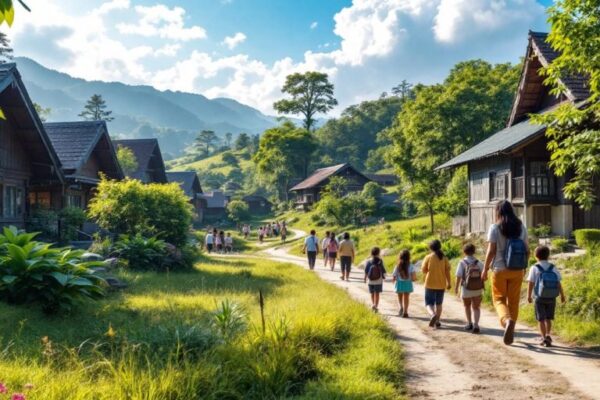 Pemandangan desa Gunung Putri dengan rumah tradisional.