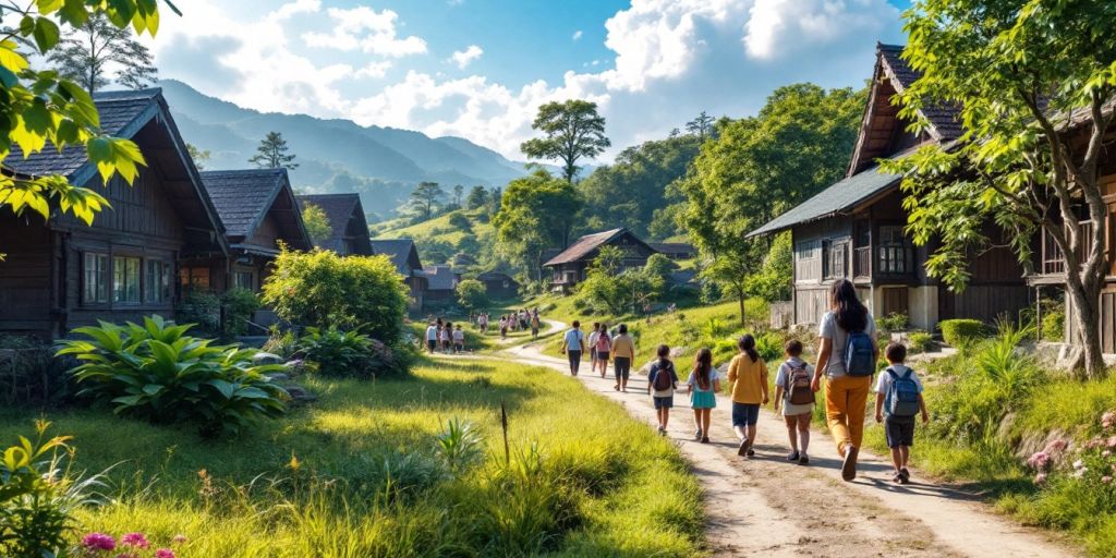 Pemandangan desa Gunung Putri dengan rumah tradisional.