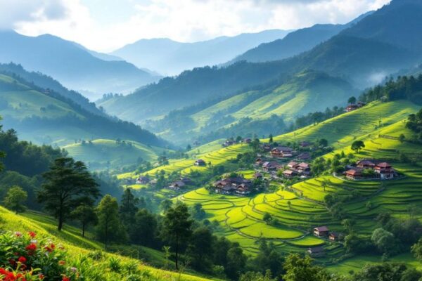 Pemandangan indah desa dengan bukit hijau dan rumah tradisional.