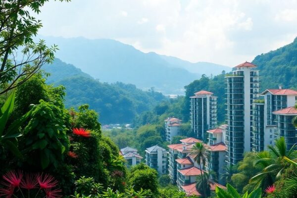 Pemandangan alam Indonesia dengan bangunan ramah lingkungan.