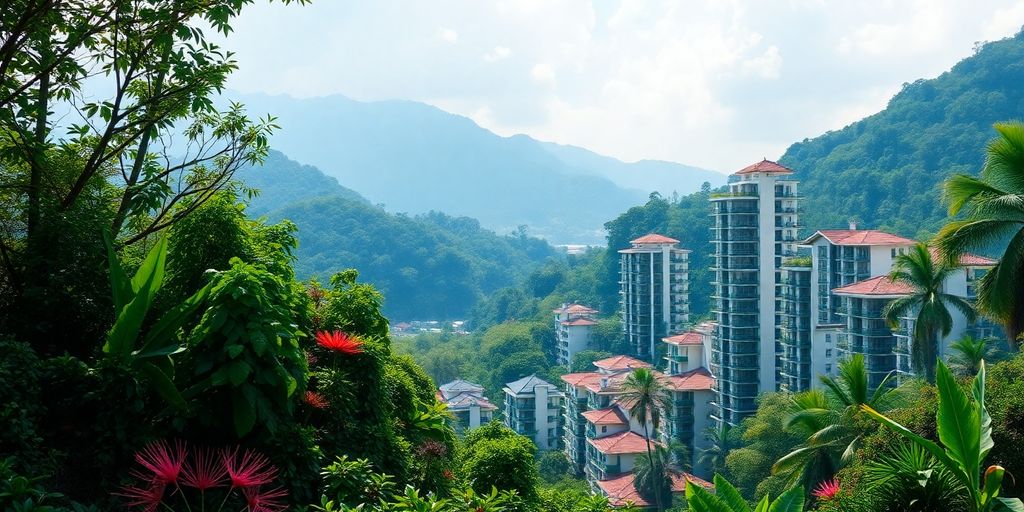 Pemandangan alam Indonesia dengan bangunan ramah lingkungan.