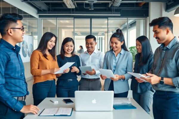 Pengusaha berkolaborasi dalam ruang kantor modern.