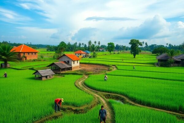 Pemandangan pedesaan Indonesia dengan sawah dan rumah tradisional.