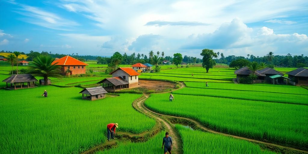 Pemandangan pedesaan Indonesia dengan sawah dan rumah tradisional.