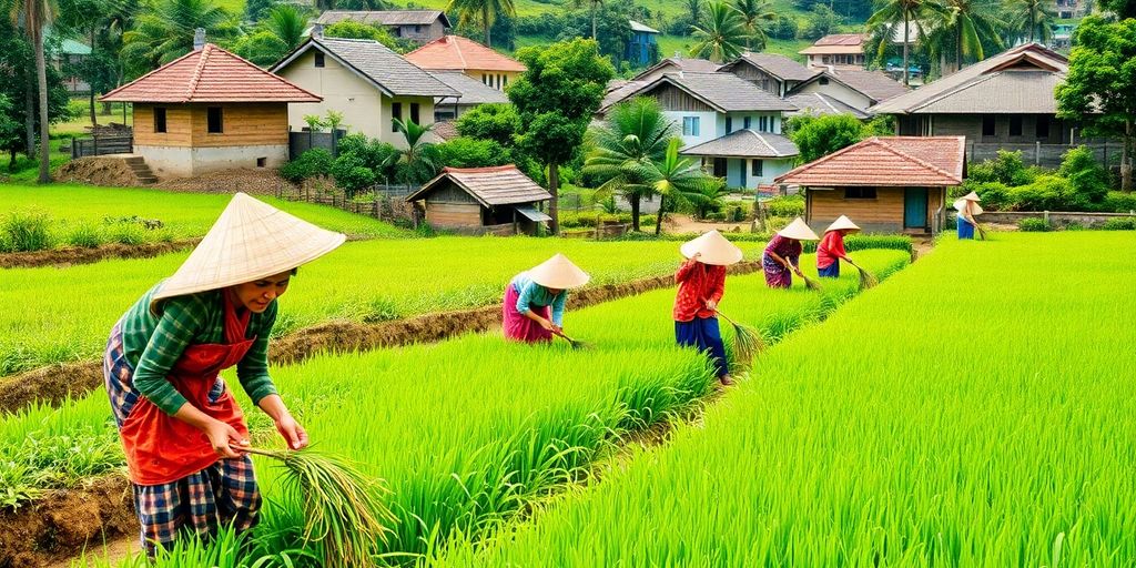 Pemandangan desa dengan petani bekerja di ladang hijau.