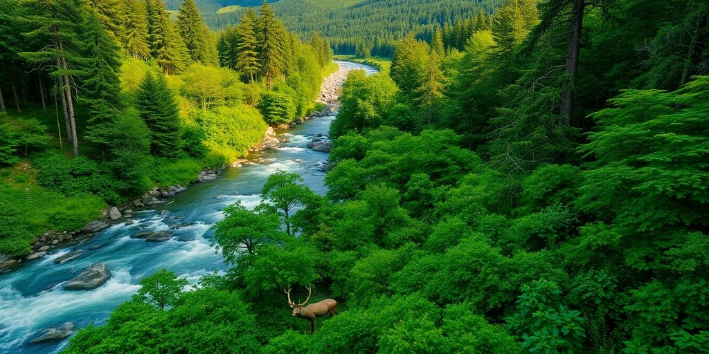 Lanskap alam dengan hutan, sungai, dan satwa liar.