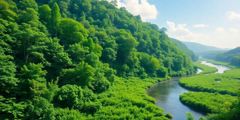 Lanskap hijau dengan hutan dan aliran air bersih.