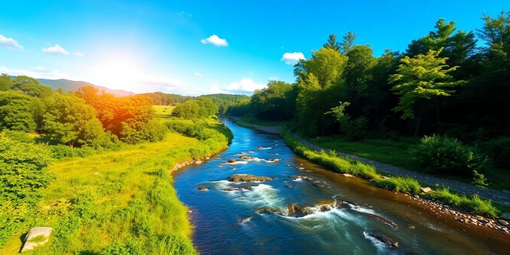 Pemandangan alam dengan pepohonan hijau dan sungai jernih.