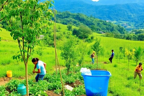 Gambar orang menanam pohon dan mendaur ulang.