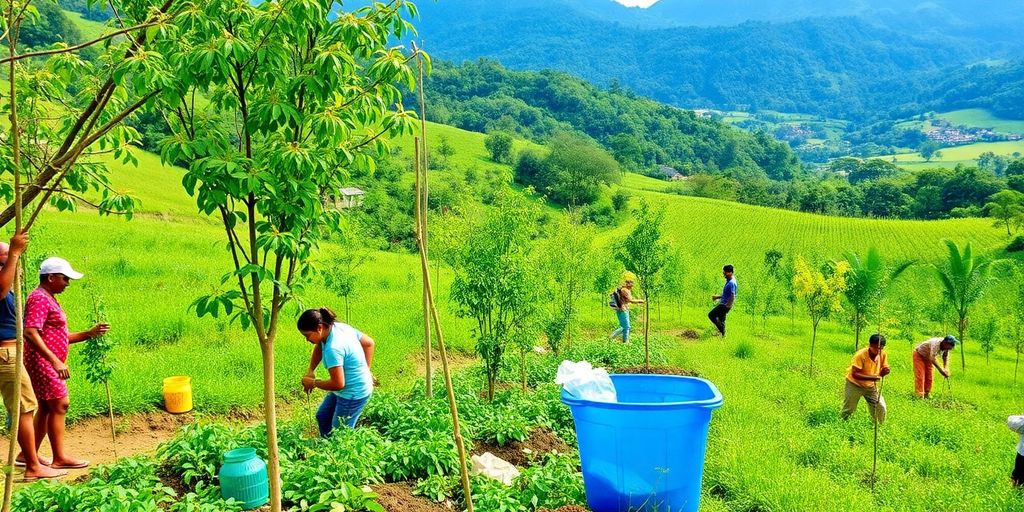 Gambar orang menanam pohon dan mendaur ulang.