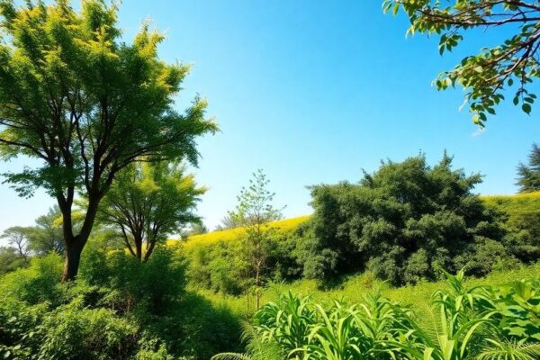 Pemandangan alam hijau dengan pepohonan dan langit biru.