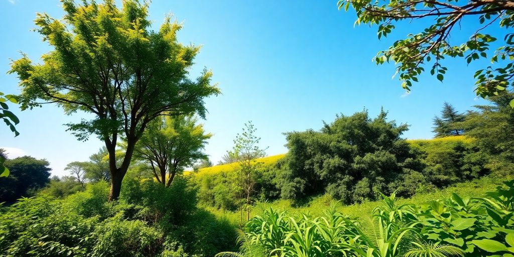 Pemandangan alam hijau dengan pepohonan dan langit biru.