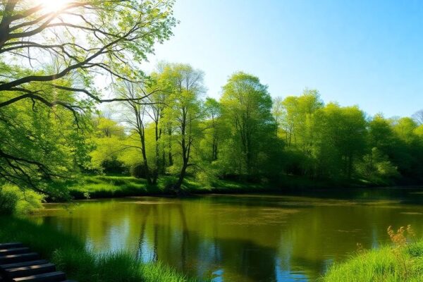 Pemandangan hutan tenang dengan sungai dan langit biru.