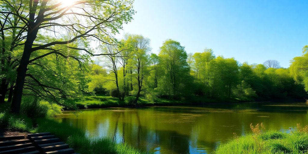 Pemandangan hutan tenang dengan sungai dan langit biru.